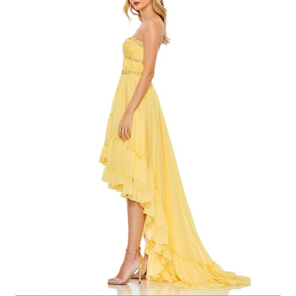 NWT Mac Duggal 68096 Strapless High Low Dress Lemon Yellow Shimmer Chiffon Sz 6 - Picture 2 of 14